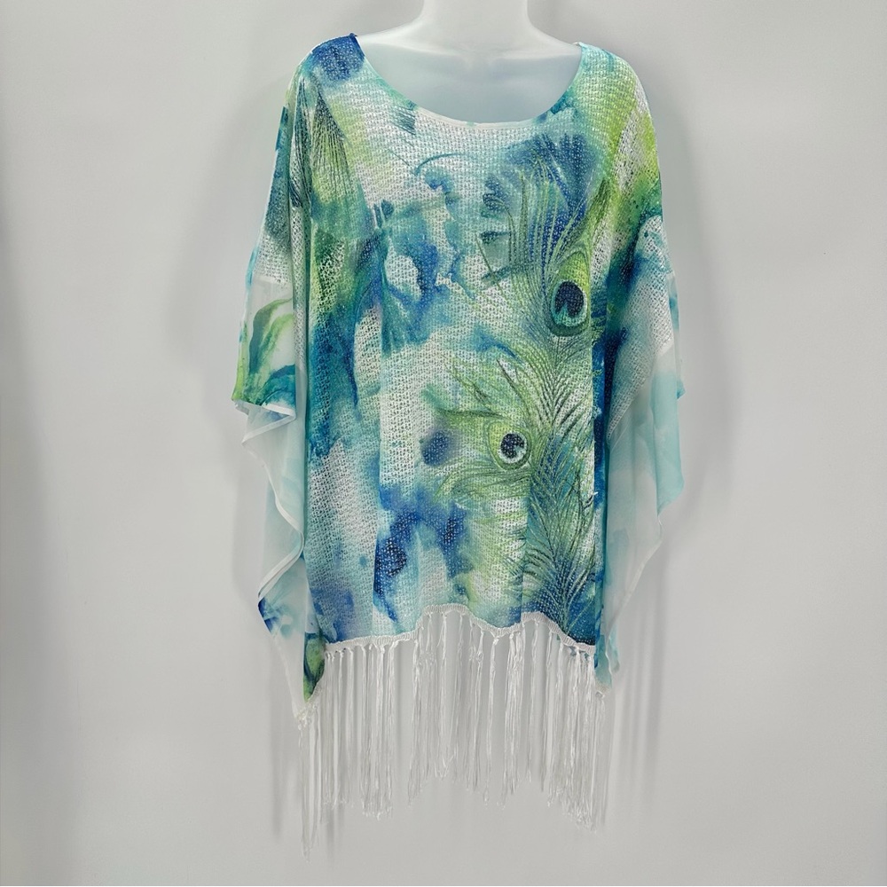 Avenue Blouse Womens 22/24 Plus Peacock Fringed Relaxed Fit Artsy Drapey